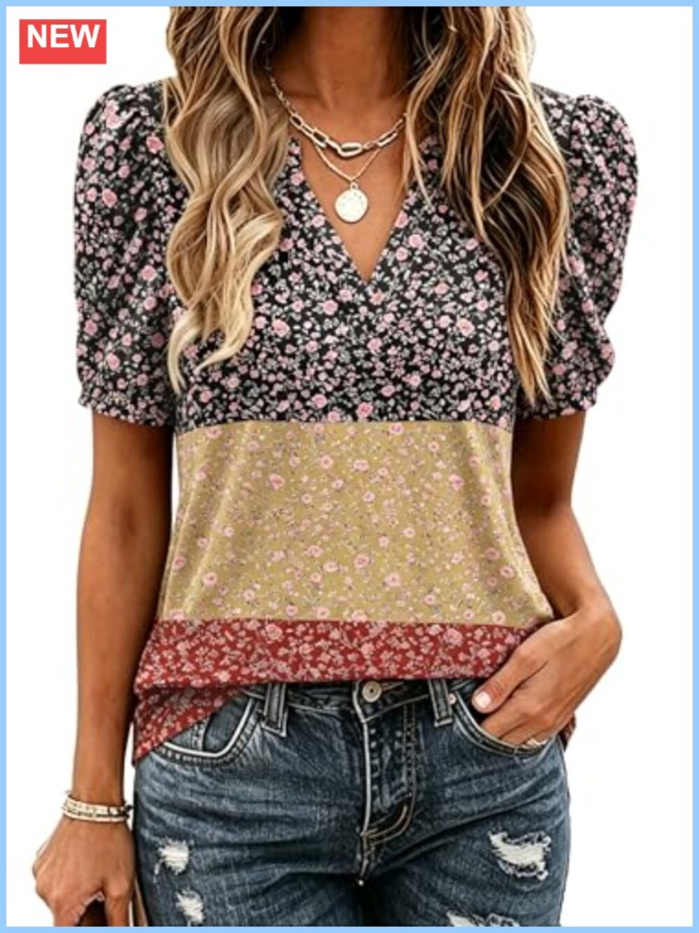 Zeagoo Womens Puff Short Sleeve V Neck Blouse Dressy Casual Boho Floral Top
